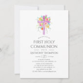 Invitation Pastel Aquarelle Florale Première Sainte Communion (Devant)