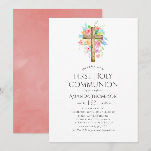 Invitation Pastel Aquarelle Florale Première Sainte Communion (Devant / Derrière)