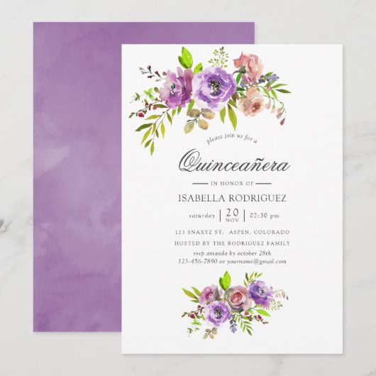 Invitation Pastel Aquarelle Florale Quinceañera (Devant / Derrière)
