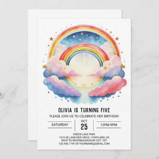 Invitation Pastel Aquarelle Nuages Fille Anniversaire (Devant / Derrière)