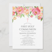 Invitation Pastel Aquarelle Peonies Première Communion Sainte (Devant)