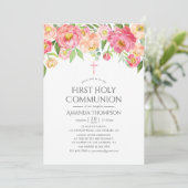 Invitation Pastel Aquarelle Peonies Première Communion Sainte (Debout devant)