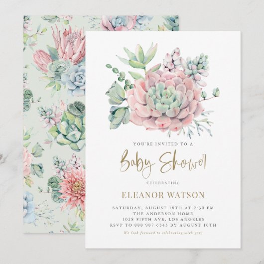 Invitation Pastel Aquarelle Succulents Baby shower fille (Devant / Derrière)