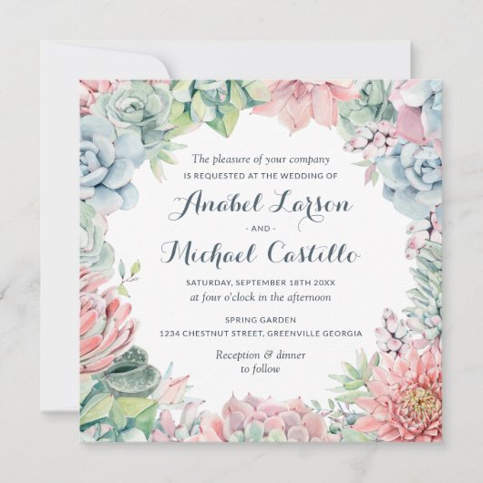 Invitation Pastel Aquarelle Succulents Mariage (Devant)