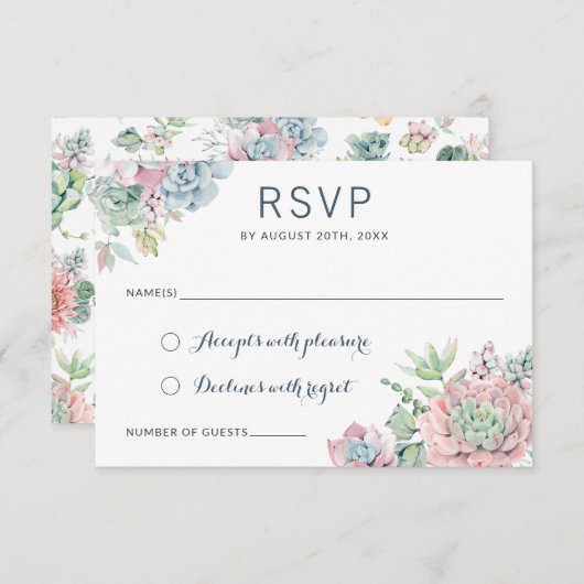 Invitation Pastel Aquarelle Succulents Mariage RSVP Répondre (Devant / Derrière)