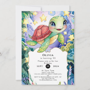 Invitation Pastel Aquarelle Tortue magique Anniversaire