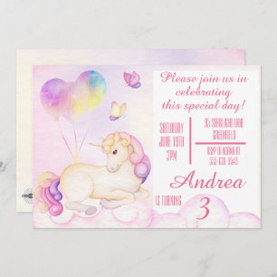 Invitation Pastel Aquarelle Unicorne et Ballons Anniversaire