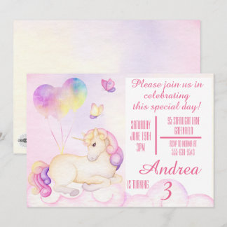 Invitation Pastel Aquarelle Unicorne et Ballons Anniversaire
