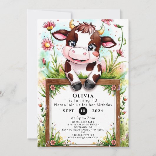 Invitation Pastel Aquarelle Vache Anniversaire (Devant)