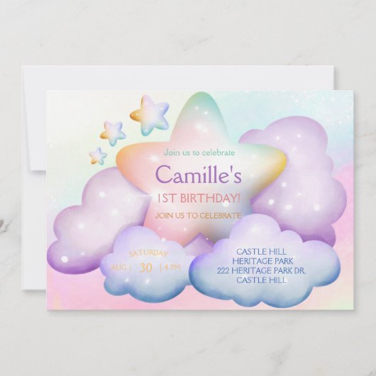 Invitation Pastel arc-en-ciel étoile & nuages anniversaire In (Devant)