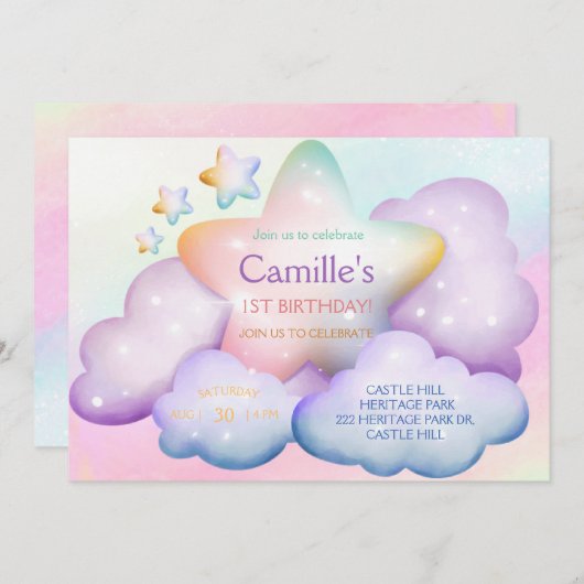 Invitation Pastel arc-en-ciel étoile & nuages anniversaire In (Devant / Derrière)