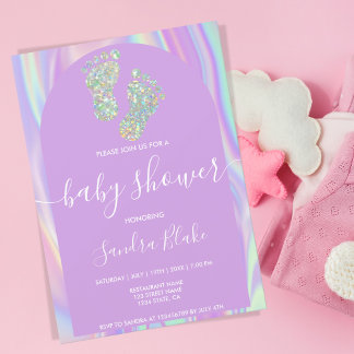 Invitation Pastel Arc-en-ciel Holographique bébé fille douche