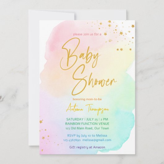 Invitation Pastel arc-en-ciel ombre or parties scintillant ba (Devant)