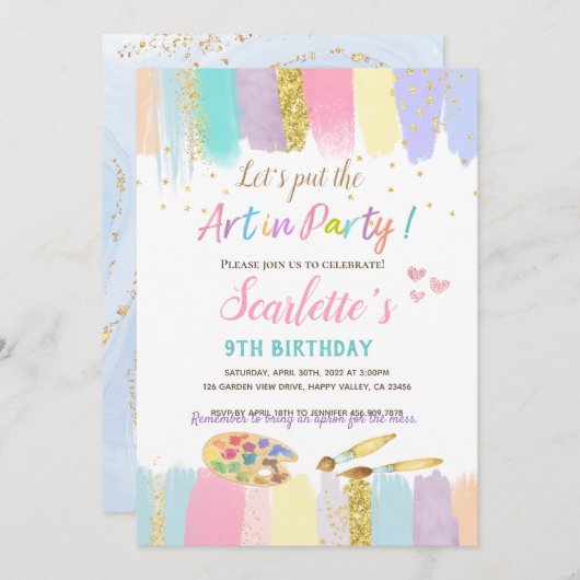 Invitation Pastel Art Peinture Party Fille Anniversaire Invit (Devant / Derrière)