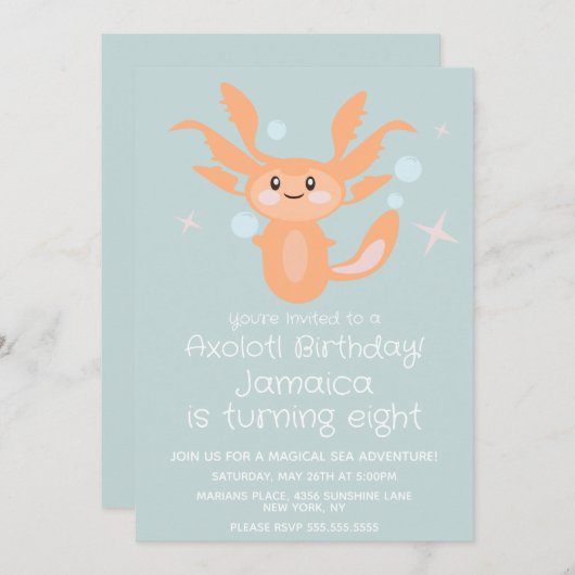 Invitation Pastel Axolotl Océan Créature Anniversaire (Devant / Derrière)