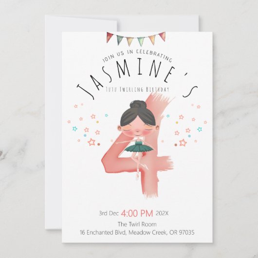 Invitation Pastel Ballerine 4e Anniversaire Fille  (Devant)