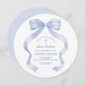 Invitation Pastel Baptême Bleu Bow (Devant / Derrière)