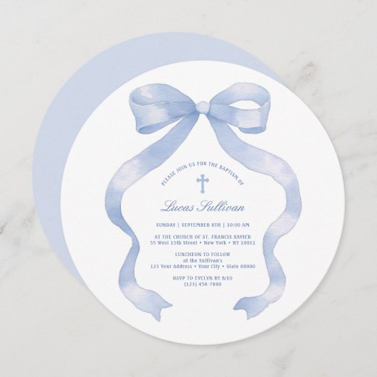 Invitation Pastel Baptême Bleu Bow (Devant / Derrière)