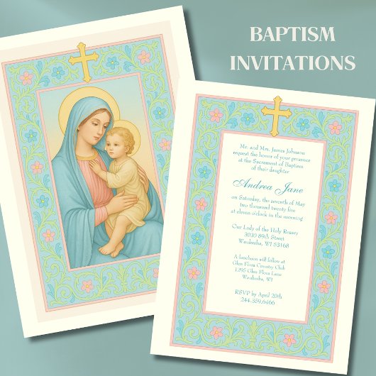 Invitation Pastel Baptême Marie et Jésus Floral