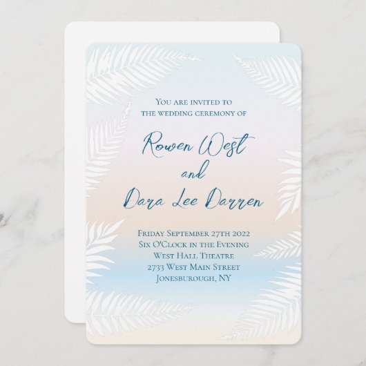 Invitation Pastel Beach Sunset Tropical Palm Leaf Wedding (Devant / Derrière)