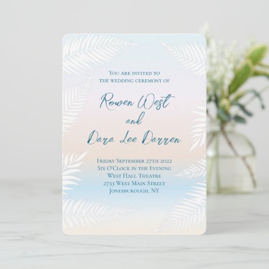 Invitation Pastel Beach Sunset Tropical Palm Leaf Wedding (Debout devant)