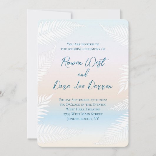 Invitation Pastel Beach Sunset Tropical Palm Leaf Wedding (Devant)