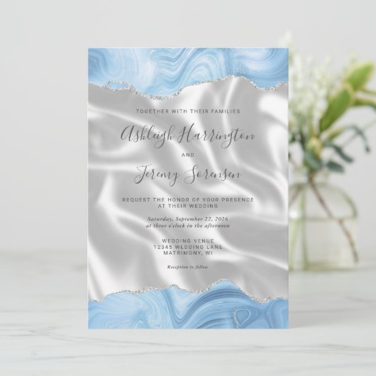 Invitation Pastel Bébé Bleu Argent Agate Blanc Mariage de soi (Debout devant)