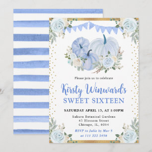 Invitation Pastel Bleu et Citrouilles Florales Dorées Automne