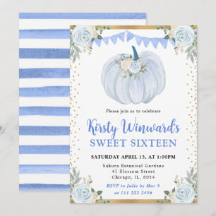 Invitation Pastel Bleu et Or Fleur Pompier Automne Douce 16