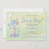 Invitation Pastel bleu mignon robot c'est un baby shower garç (Devant)