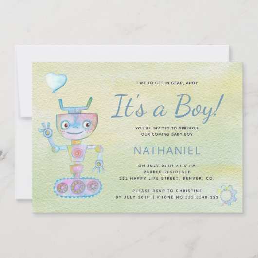 Invitation Pastel bleu mignon robot c'est un baby shower garç (Devant)