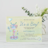 Invitation Pastel bleu mignon robot c'est un baby shower garç (Debout devant)