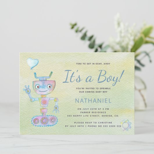 Invitation Pastel bleu mignon robot c'est un baby shower garç (Debout devant)