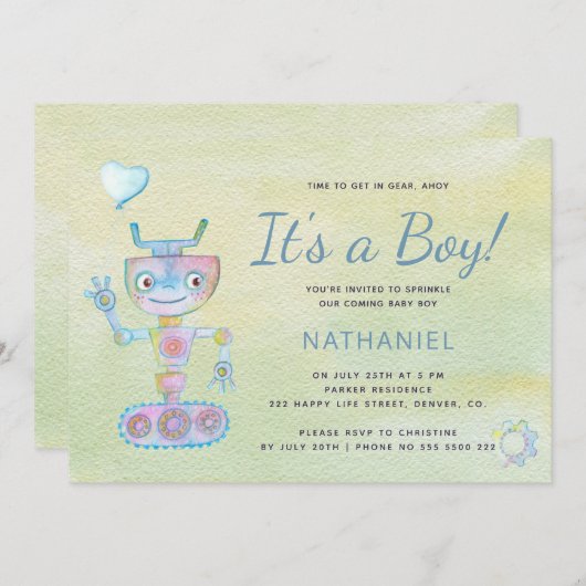 Invitation Pastel bleu mignon robot c'est un baby shower garç (Devant / Derrière)