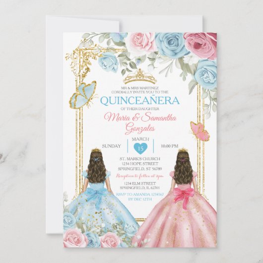 Invitation Pastel Bleu Papillon rose Floral Or Quinceañera (Devant)