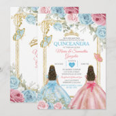 Invitation Pastel Bleu Papillon rose Floral Or Quinceañera (Devant / Derrière)