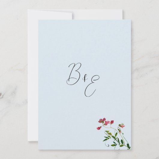 Invitation Pastel bleu rose rouge fleurs vertes Merci (Dos)