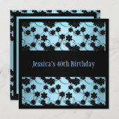 Invitation Pastel Blue & Black Flowers 40e anniversaire (Devant / Derrière)