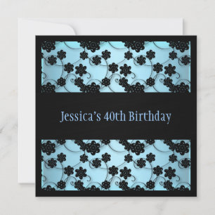 Invitation Pastel Blue & Black Flowers 40e anniversaire