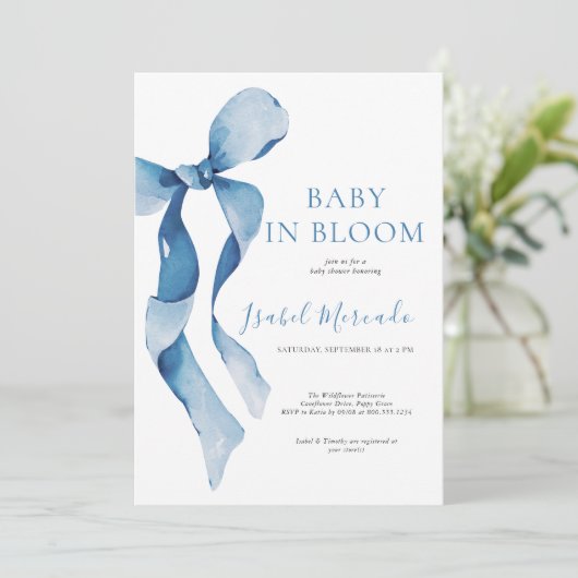 Invitation Pastel Blue Bow Baby en Fleur (Debout devant)