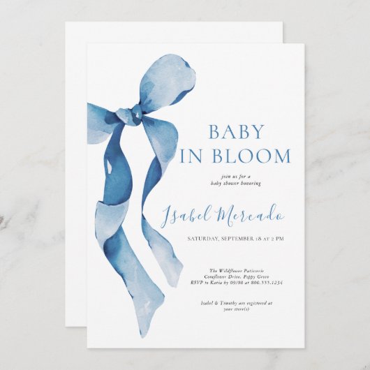 Invitation Pastel Blue Bow Baby en Fleur (Devant / Derrière)