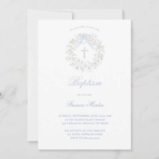 Invitation pastel blue bow baby's breath wreath Baptism (Devant)