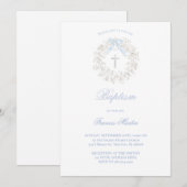 Invitation pastel blue bow baby's breath wreath Baptism (Devant / Derrière)