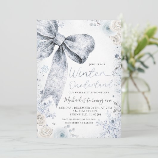 Invitation Pastel Blue Bow hiver Sprinkel Conquette Anniversa (Debout devant)