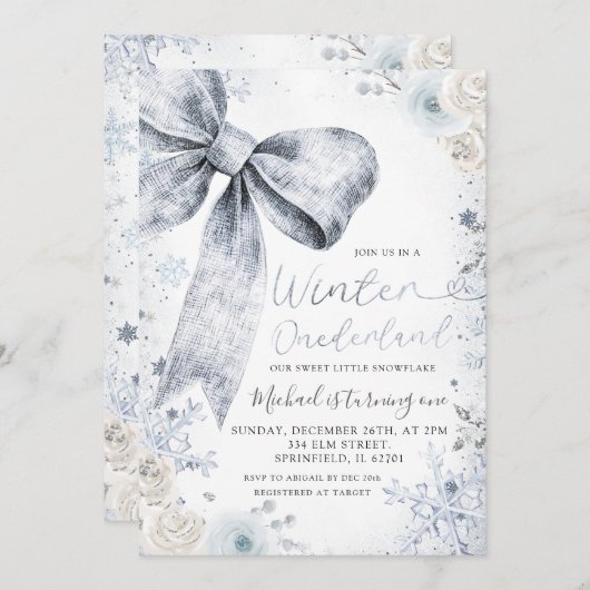 Invitation Pastel Blue Bow hiver Sprinkel Conquette Anniversa (Devant / Derrière)