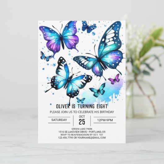 Invitation Pastel Blue Butterfly Boy Anniversaire (Debout devant)