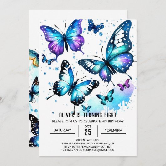 Invitation Pastel Blue Butterfly Boy Anniversaire (Devant / Derrière)