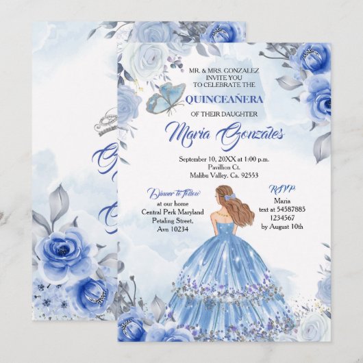Invitation Pastel Blue Butterfly Quinceanera Mexicaine Annive (Devant / Derrière)