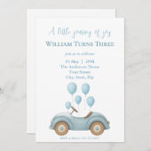Invitation Pastel Blue Car & Balloons Boys Anniversaire - (Devant / Derrière)