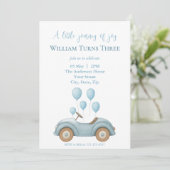 Invitation Pastel Blue Car & Balloons Boys Anniversaire - (Debout devant)